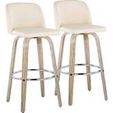 Toriano 30" Swivel Bar Stool in White Washed Wood & Cream Leatherette w/ Chrome Footrest (Set of 2)